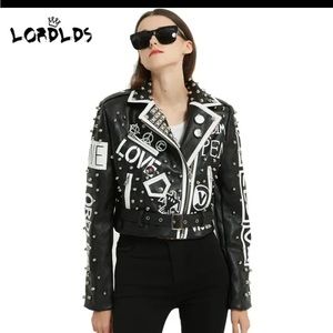 LORDLDS Women Black Leopard Leather Jacket Zip Up Moto Biker Fashion Streetwear